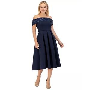 NWT Eliza J Navy Sequin-Trim Off Shoulder Midi Dress 12P Petite Scuba Crepe